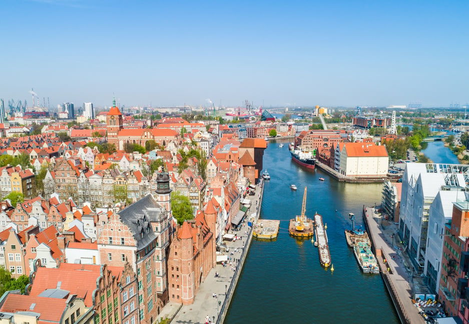 Gdańsk from a bird's eye view. Old town and the Motława River.